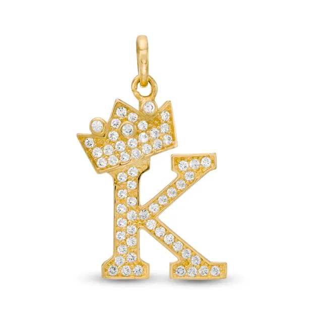 Dijes de la Inicial "K" En Oro Real Solido 14K Para Mujer y Hombre / 14K Yellow Gold CZ Initial "K" With Crown Pendant Charm for Women's Menes