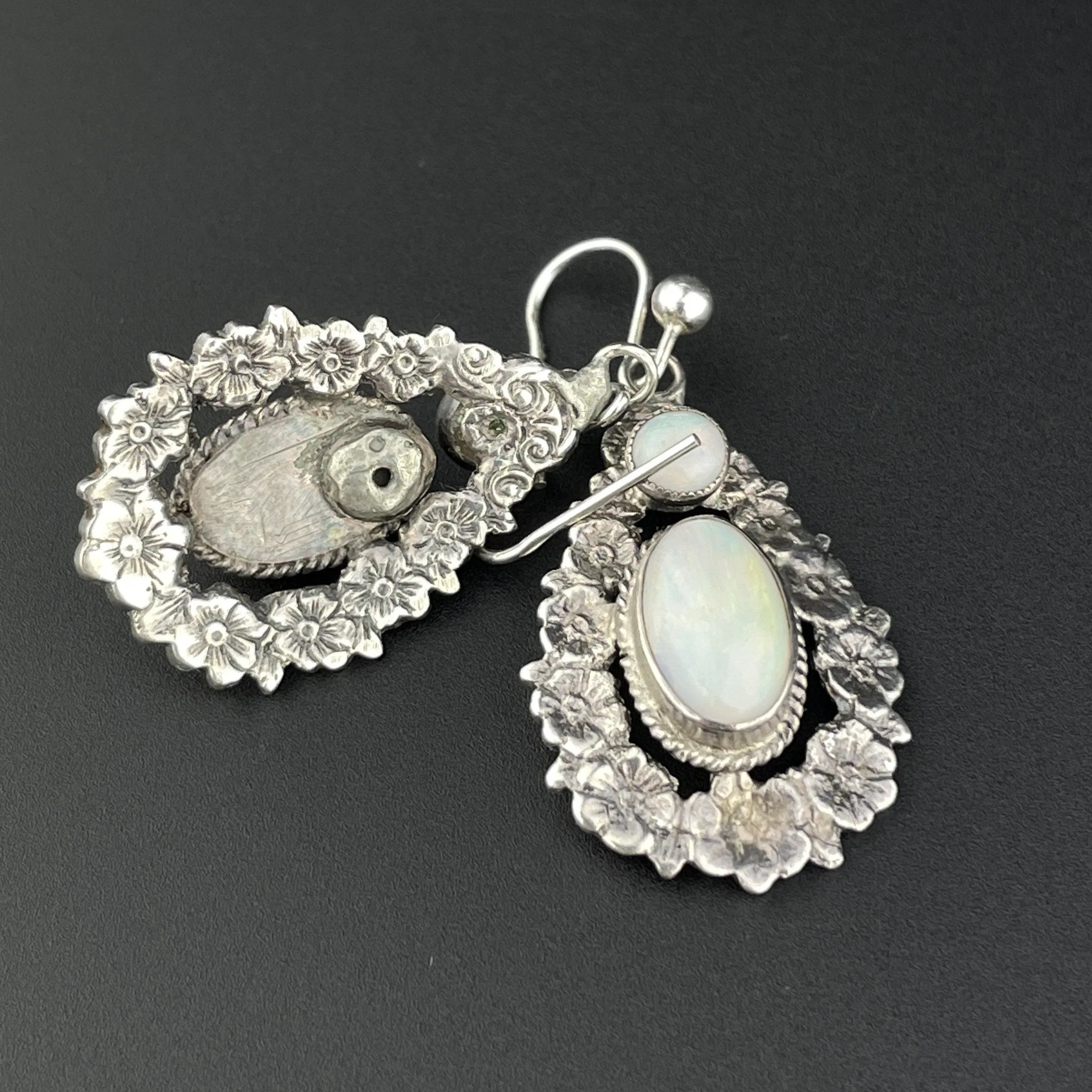 Edwardian Silver Floral Opal Drop Earrings