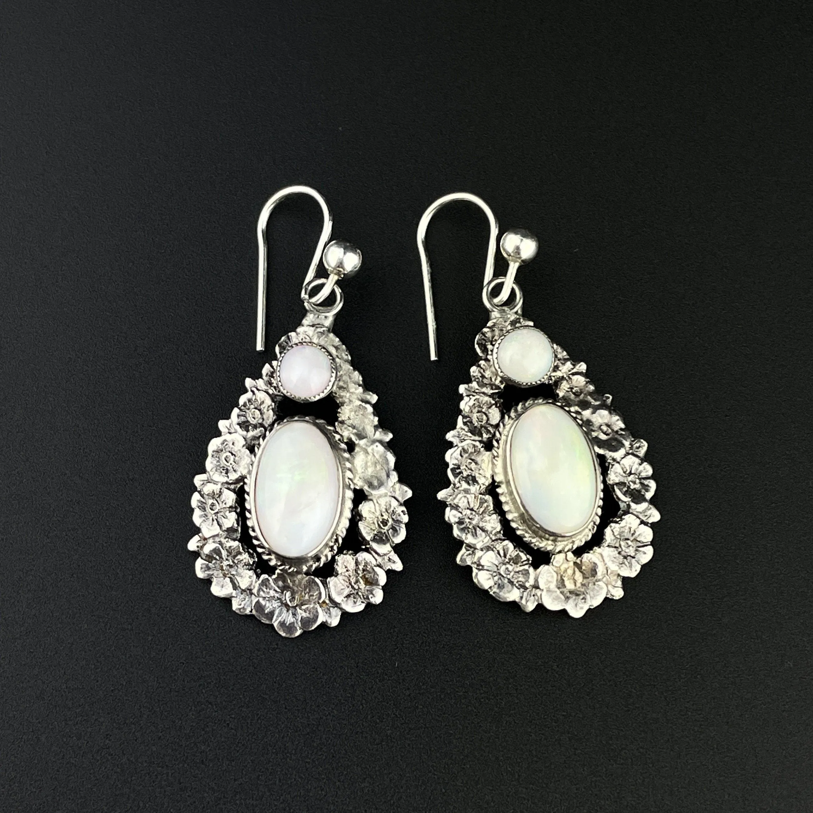 Edwardian Silver Floral Opal Drop Earrings