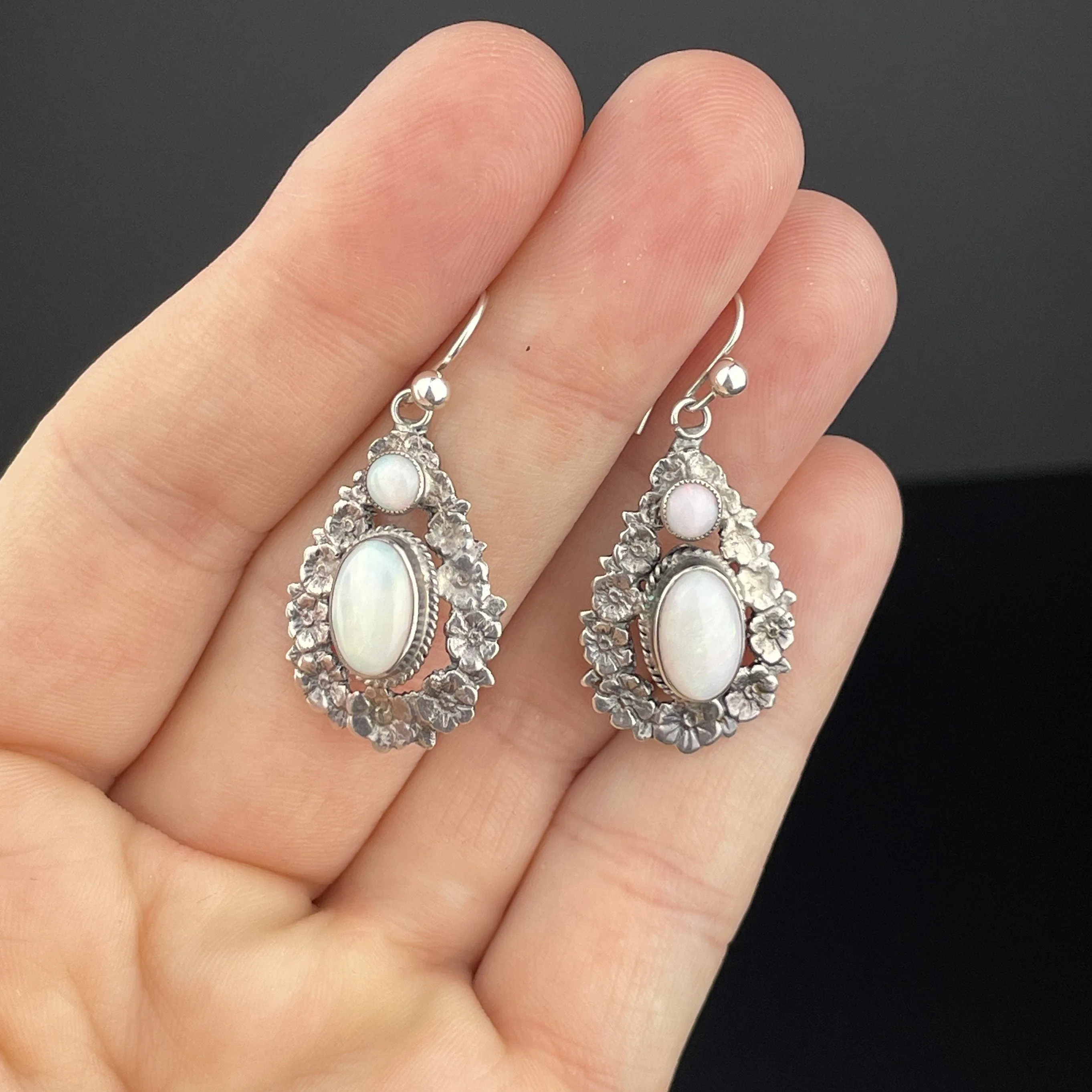 Edwardian Silver Floral Opal Drop Earrings