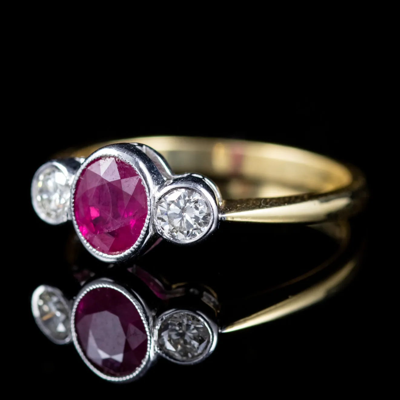 Edwardian Style Ruby Diamond Trilogy Ring 18Ct Gold