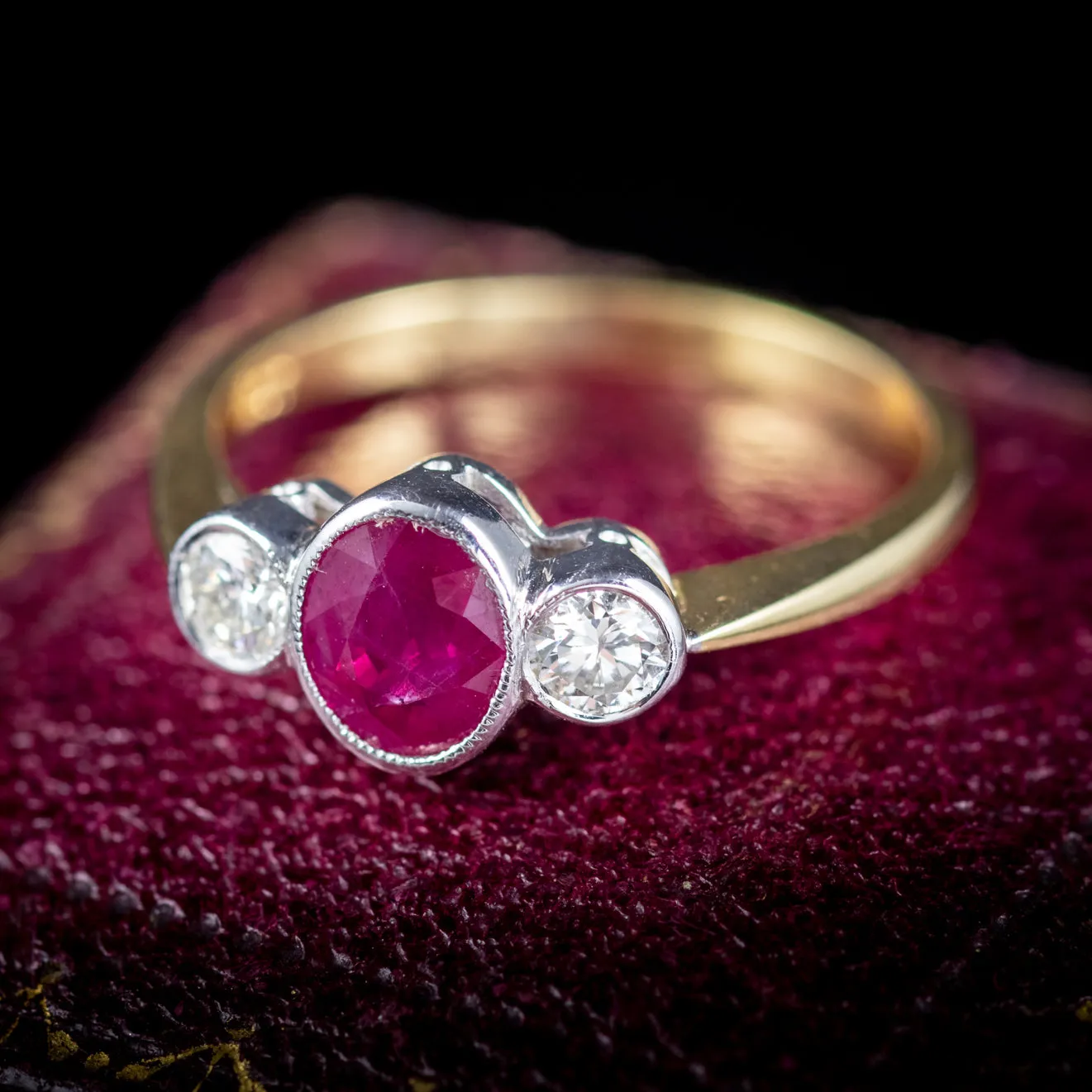 Edwardian Style Ruby Diamond Trilogy Ring 18Ct Gold