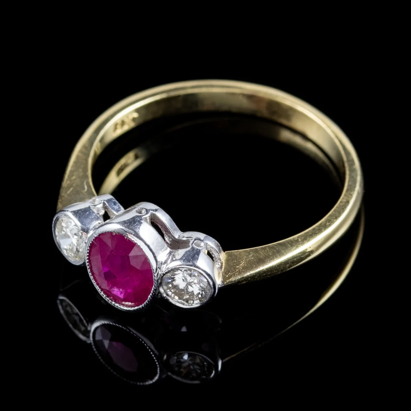 Edwardian Style Ruby Diamond Trilogy Ring 18Ct Gold