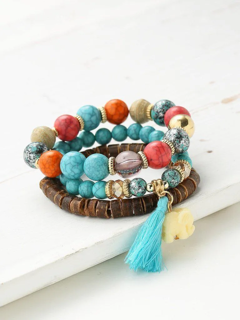 Elephant & Tassel Embellished Bracelet Set