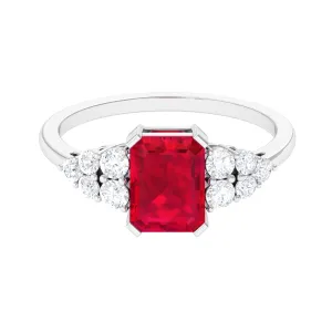 Emerald Cut Created Ruby and Diamond Designer Engagement Ring