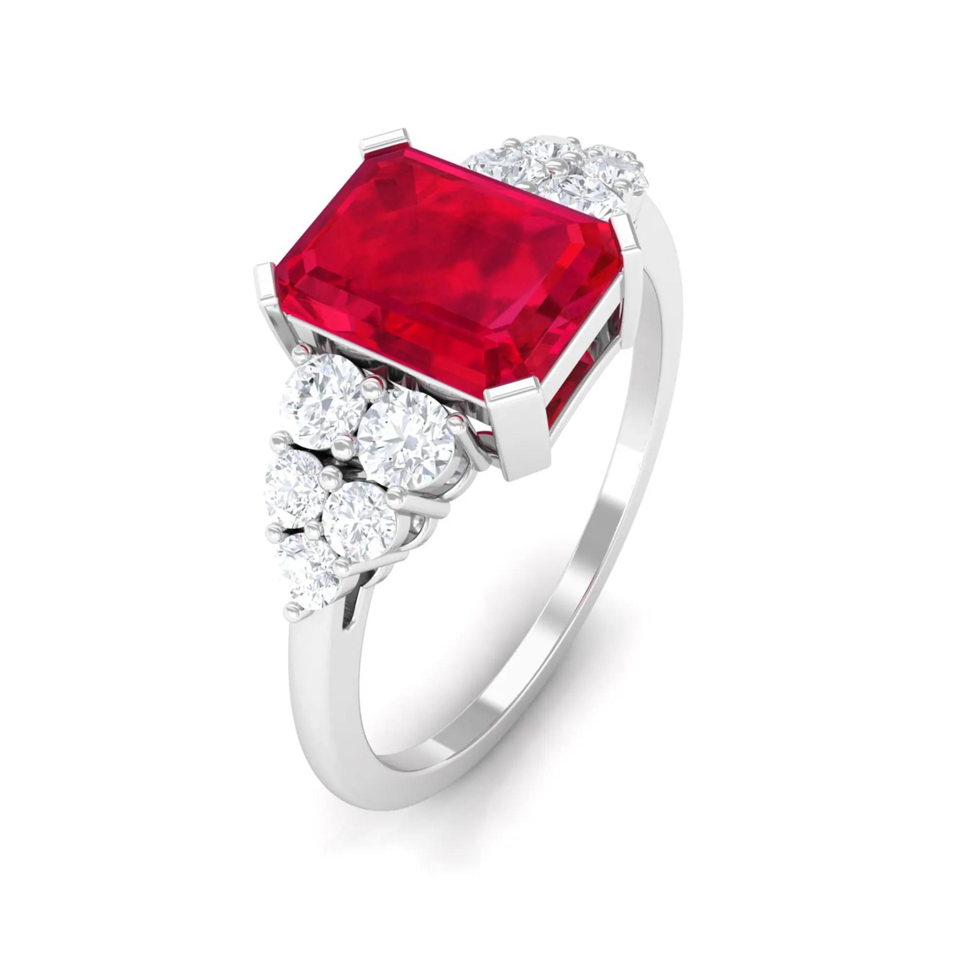 Emerald Cut Created Ruby and Diamond Designer Engagement Ring