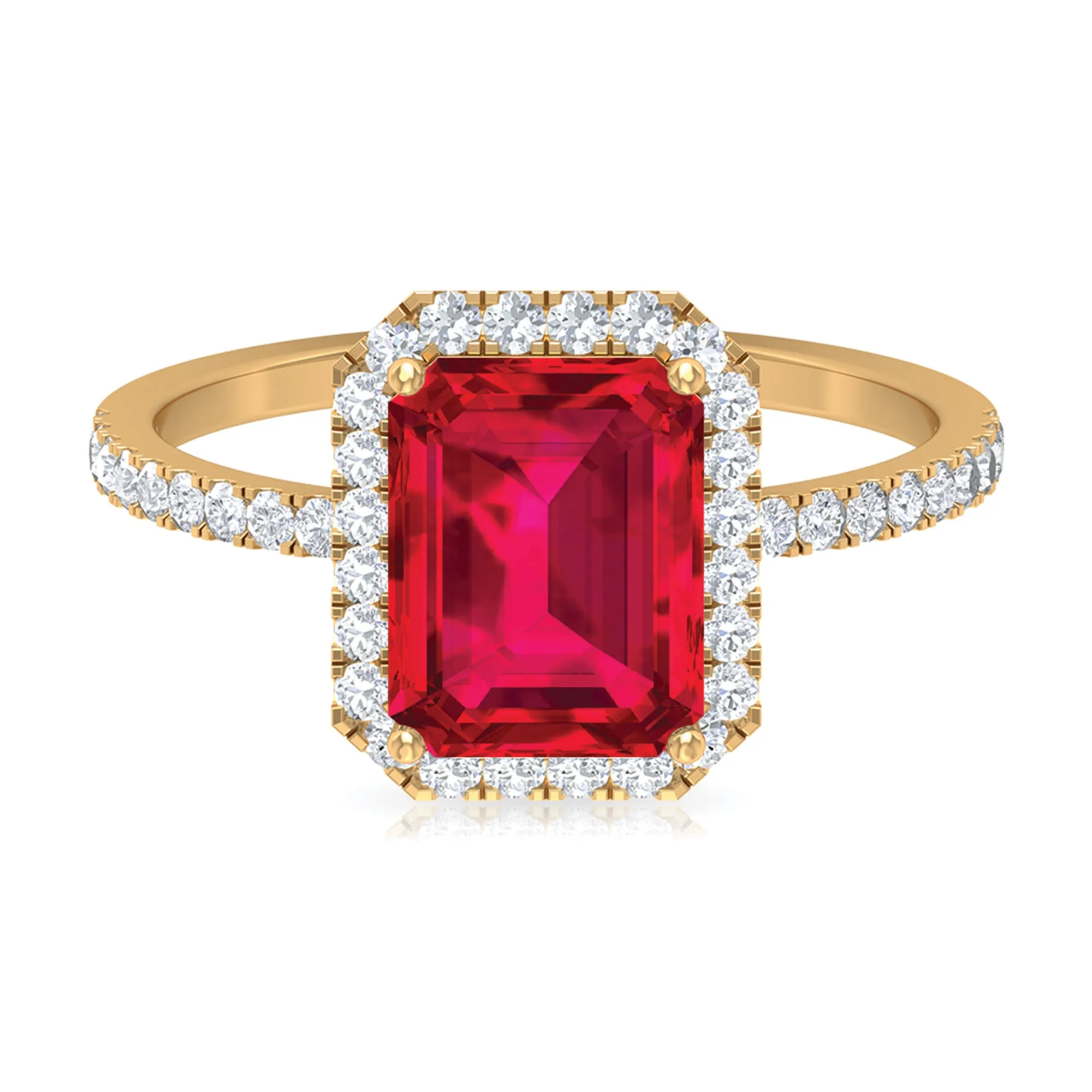 Emerald Cut Lab Grown Ruby Engagement Ring with Diamond Halo