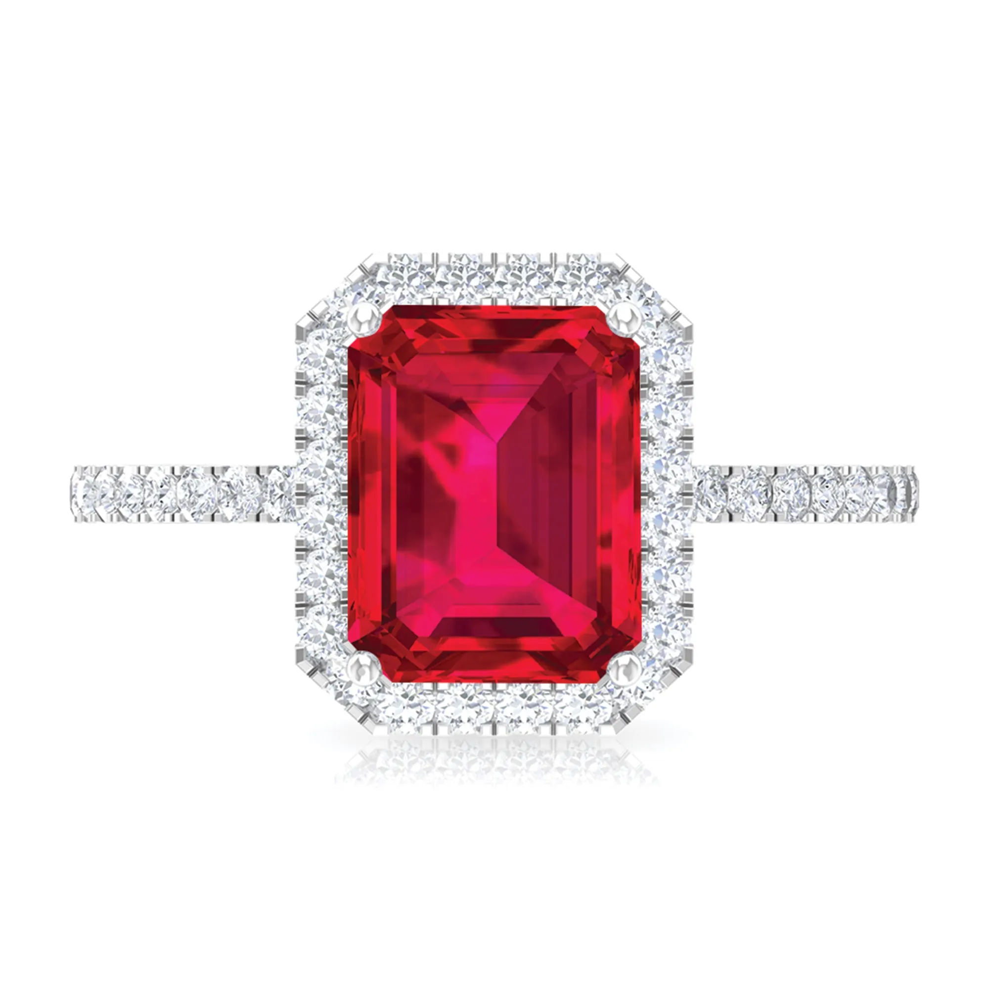 Emerald Cut Lab Grown Ruby Engagement Ring with Diamond Halo