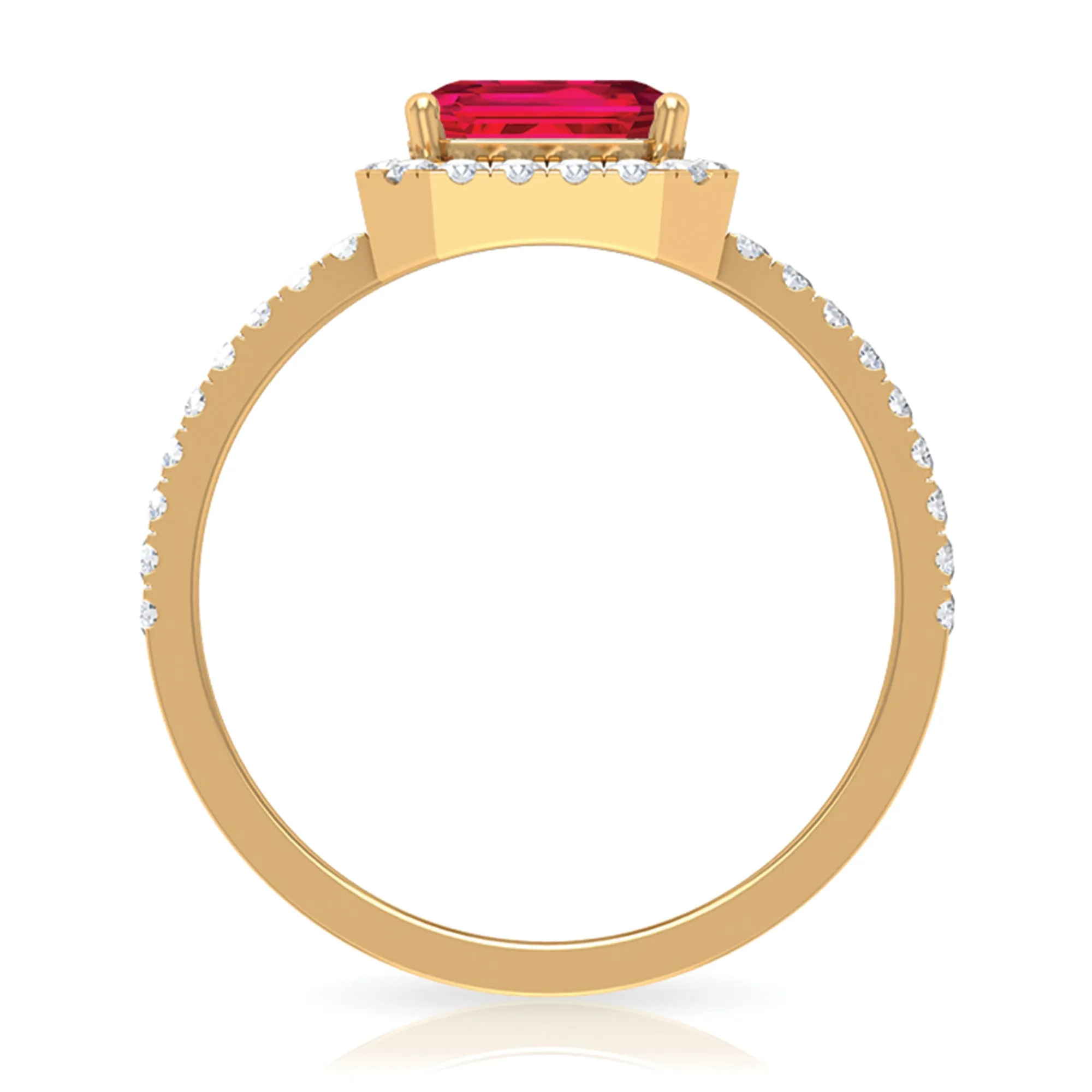 Emerald Cut Lab Grown Ruby Engagement Ring with Diamond Halo