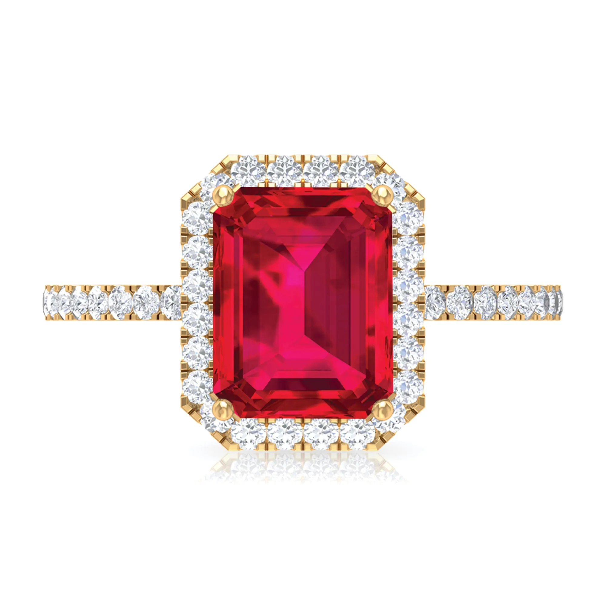 Emerald Cut Lab Grown Ruby Engagement Ring with Diamond Halo