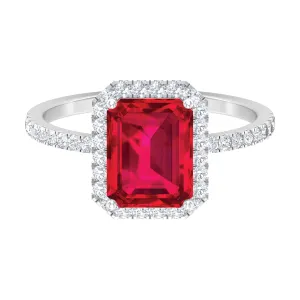 Emerald Cut Lab Grown Ruby Engagement Ring with Diamond Halo