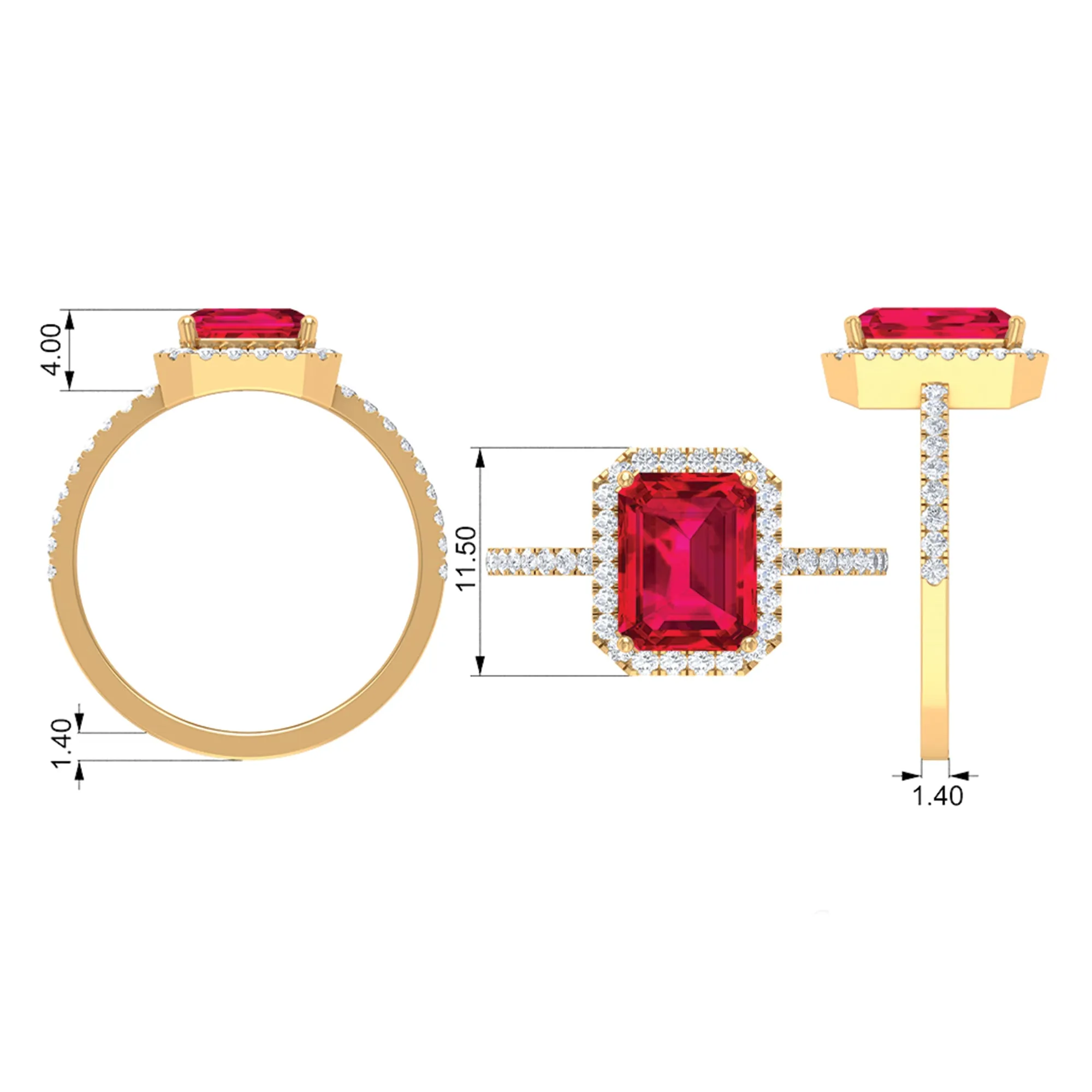 Emerald Cut Lab Grown Ruby Engagement Ring with Diamond Halo