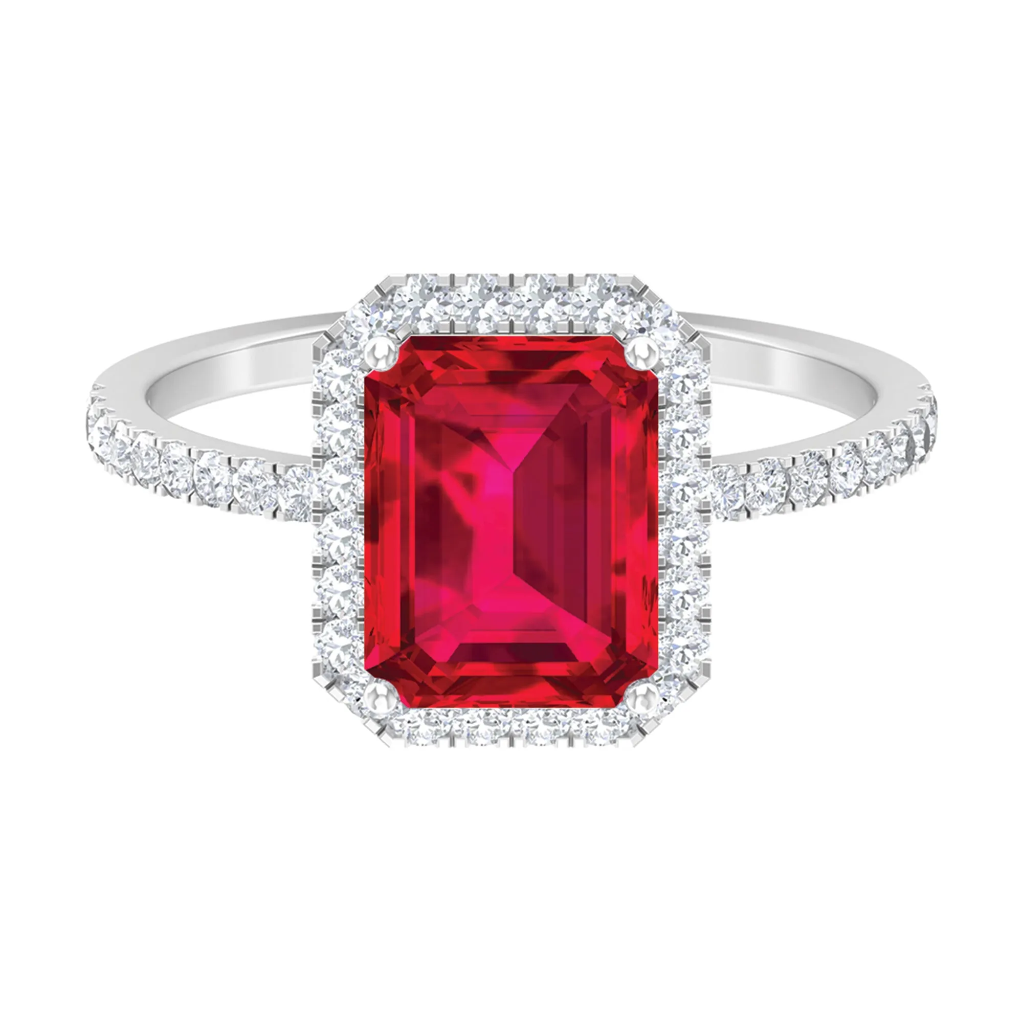 Emerald Cut Lab Grown Ruby Engagement Ring with Diamond Halo