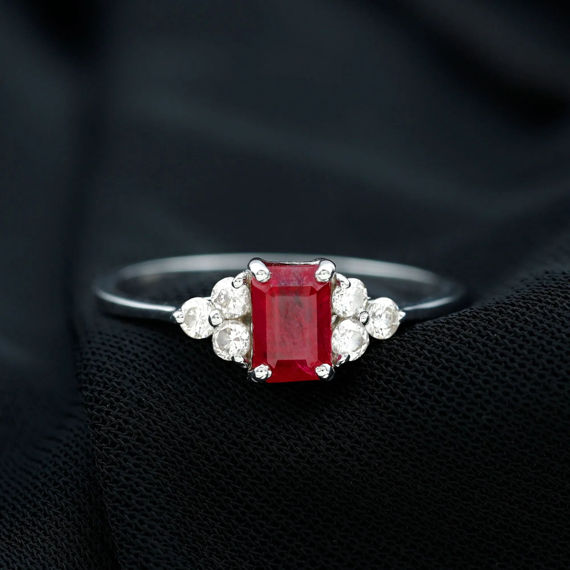 Emerald Cut Ruby Solitaire Ring with Diamond Trio