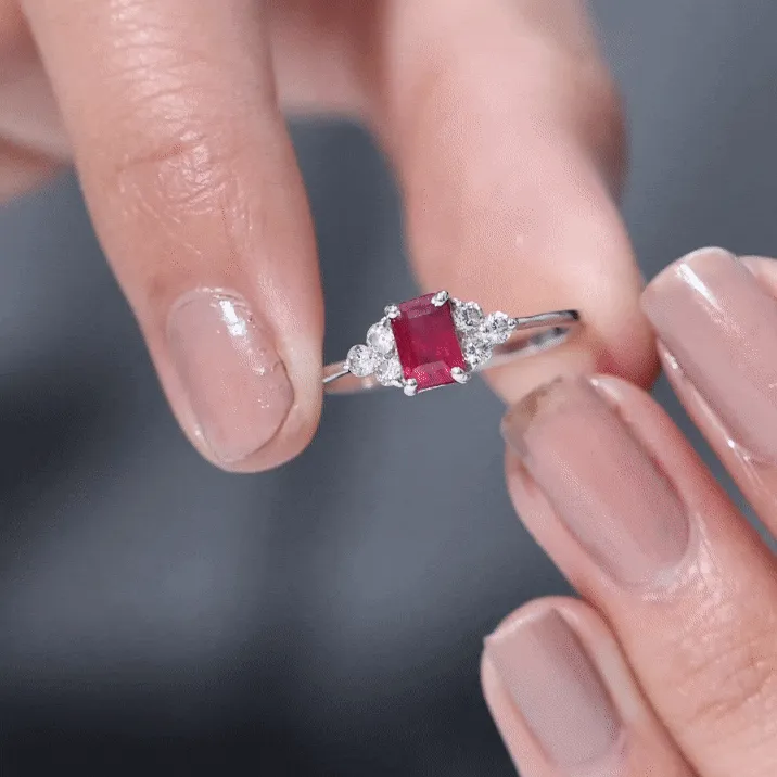 Emerald Cut Ruby Solitaire Ring with Diamond Trio