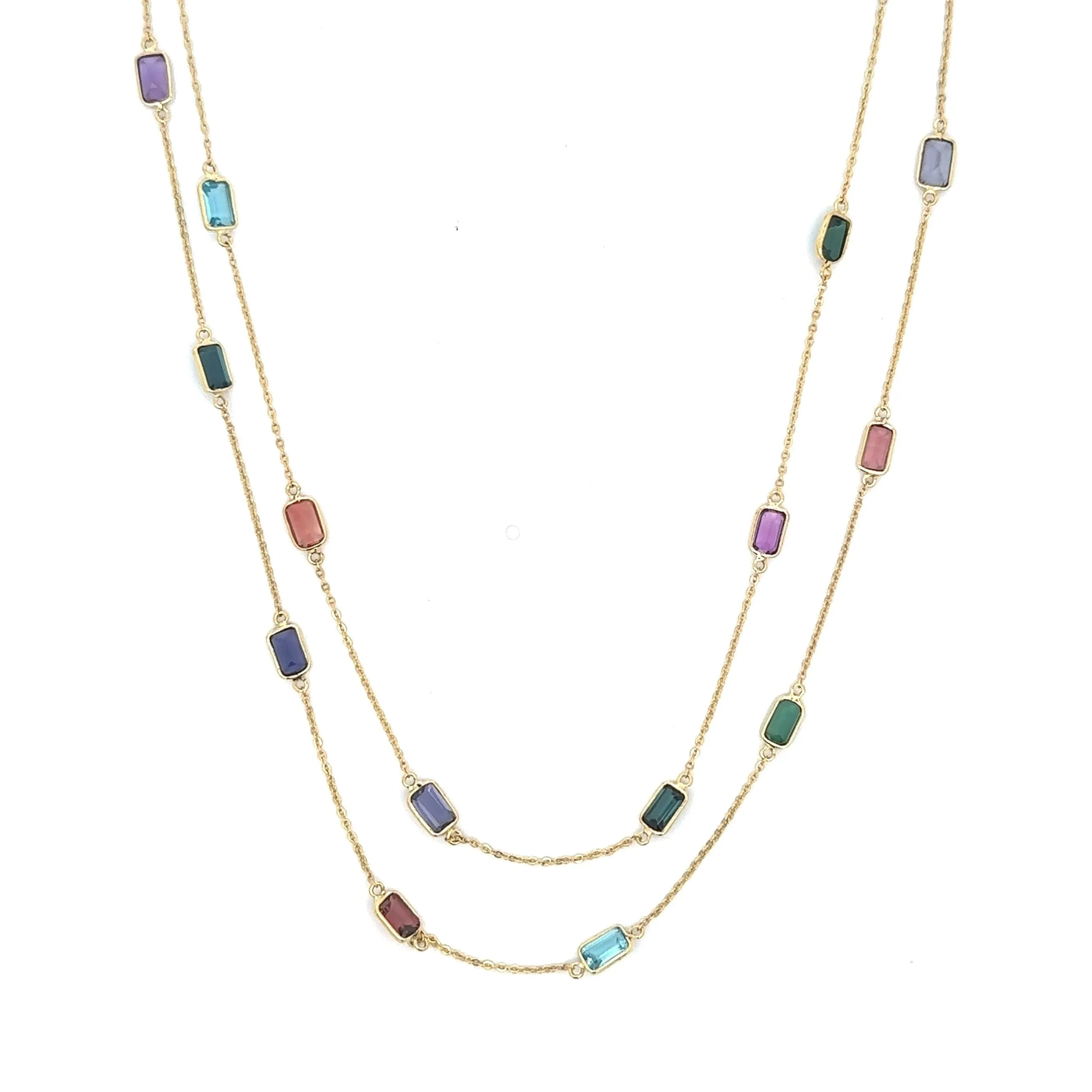 Extra Long Multi Gemstone Baguette Channel Set Station Necklace