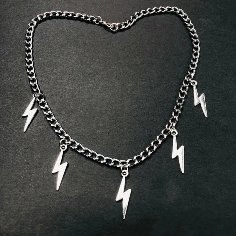 Fashion Lightning Shape Pendants Necklace / Unisex Silver Color Chain / Goth Punk Accessories