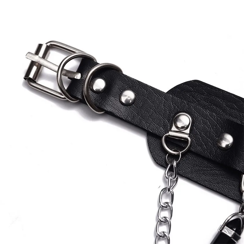 Faux Leather Rivet Choker with Hexagonal Stone Pendants and Chain / Goth Style Accessories for Women