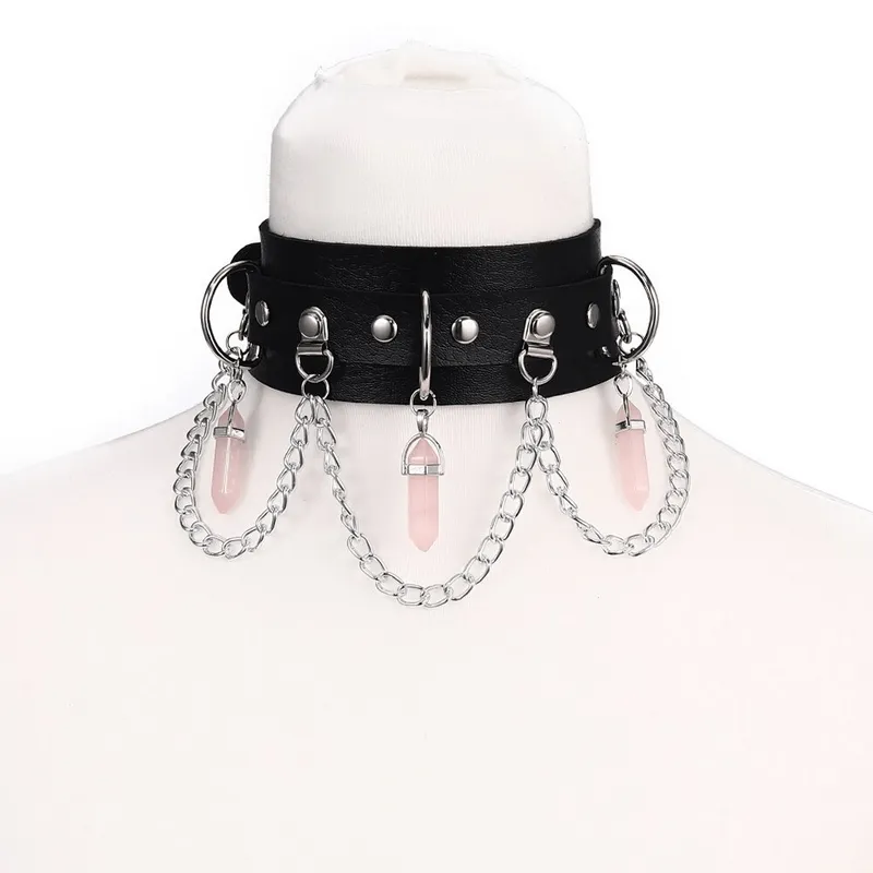 Faux Leather Rivet Choker with Hexagonal Stone Pendants and Chain / Goth Style Accessories for Women