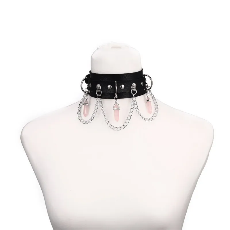 Faux Leather Rivet Choker with Hexagonal Stone Pendants and Chain / Goth Style Accessories for Women