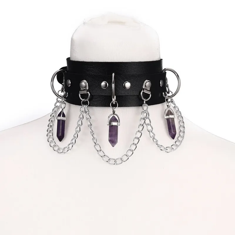 Faux Leather Rivet Choker with Hexagonal Stone Pendants and Chain / Goth Style Accessories for Women