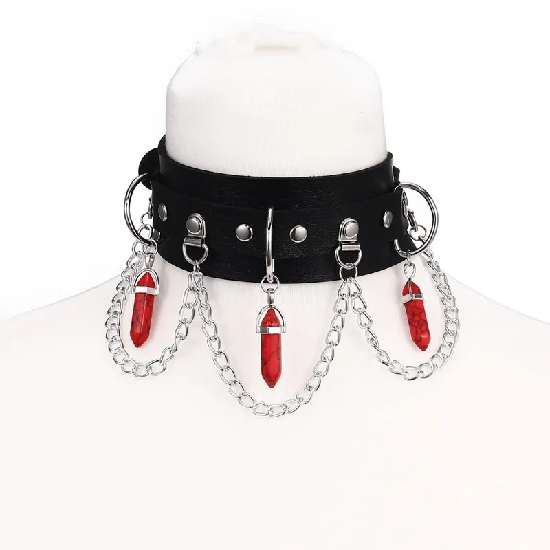 Faux Leather Rivet Choker with Hexagonal Stone Pendants and Chain / Goth Style Accessories for Women