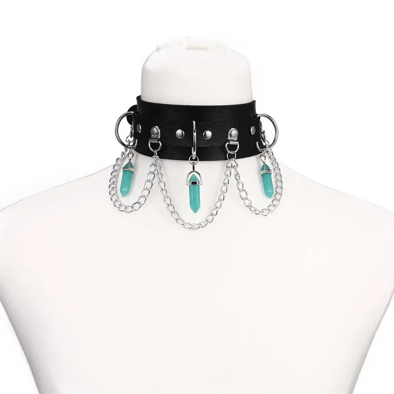 Faux Leather Rivet Choker with Hexagonal Stone Pendants and Chain / Goth Style Accessories for Women