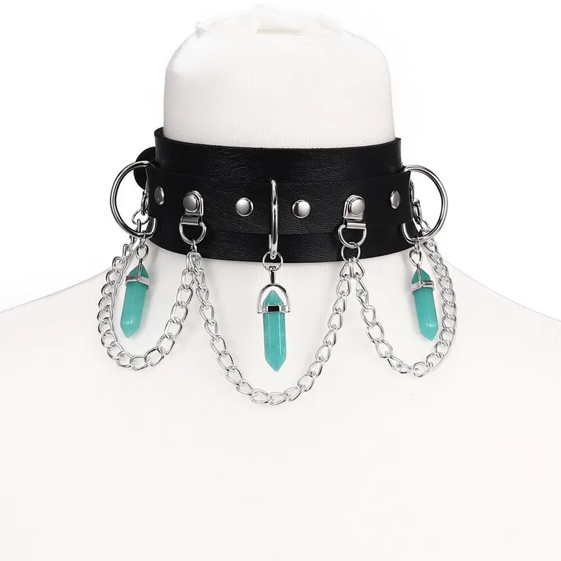 Faux Leather Rivet Choker with Hexagonal Stone Pendants and Chain / Goth Style Accessories for Women