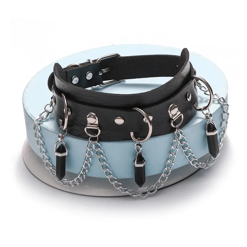 Faux Leather Rivet Choker with Hexagonal Stone Pendants and Chain / Goth Style Accessories for Women