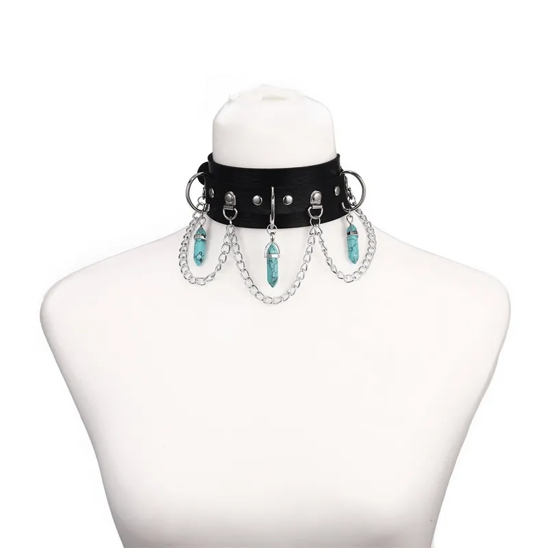 Faux Leather Rivet Choker with Hexagonal Stone Pendants and Chain / Goth Style Accessories for Women