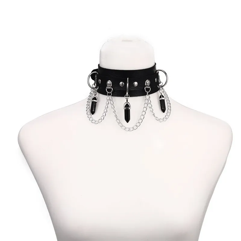 Faux Leather Rivet Choker with Hexagonal Stone Pendants and Chain / Goth Style Accessories for Women