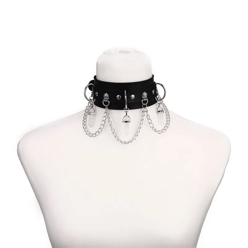 Faux Leather Rivet Choker with Hexagonal Stone Pendants and Chain / Goth Style Accessories for Women