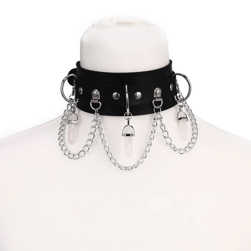 Faux Leather Rivet Choker with Hexagonal Stone Pendants and Chain / Goth Style Accessories for Women