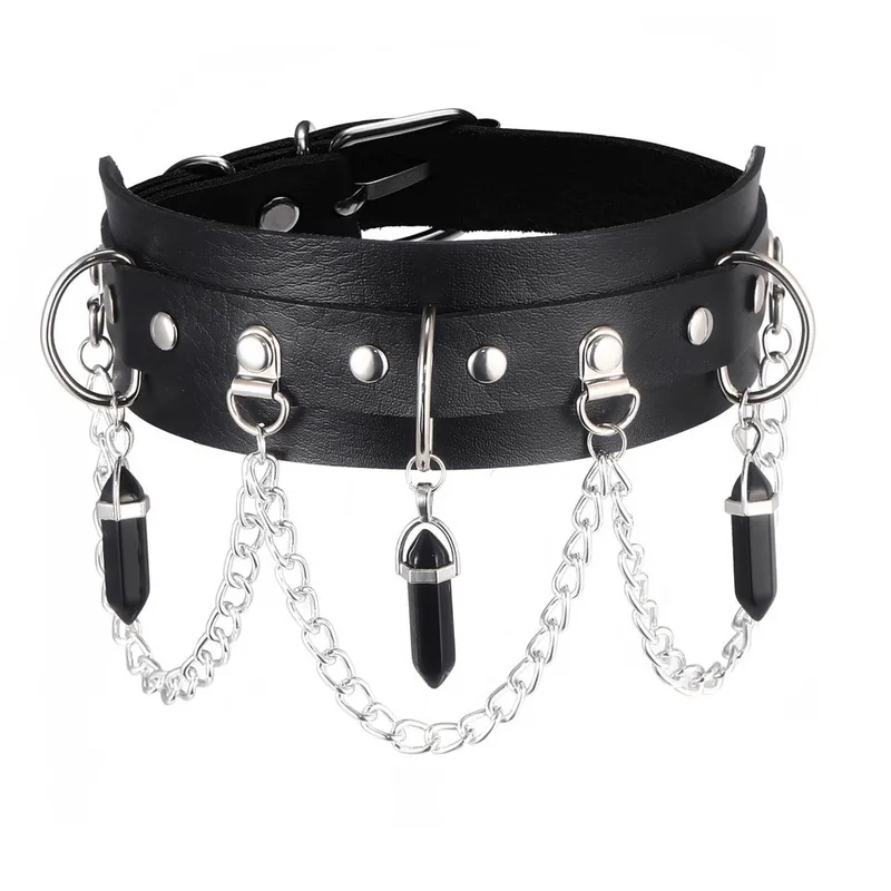 Faux Leather Rivet Choker with Hexagonal Stone Pendants and Chain / Goth Style Accessories for Women