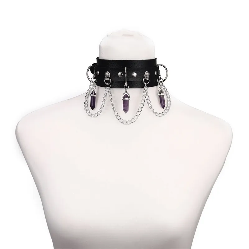 Faux Leather Rivet Choker with Hexagonal Stone Pendants and Chain / Goth Style Accessories for Women