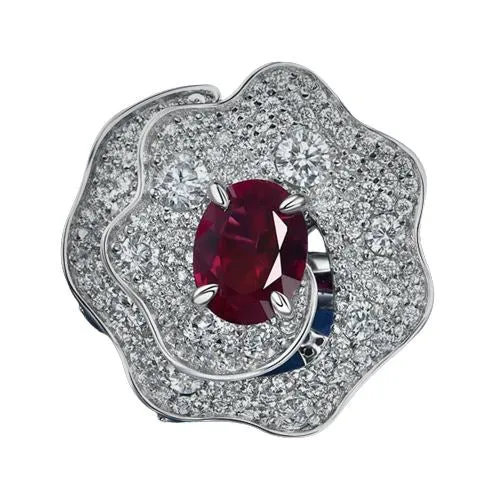 Flower Oval 2 CT Ruby 925 Sterling Silver Ring