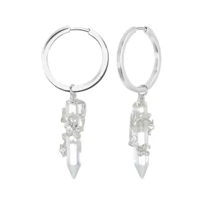 FLOWERING VINE HOOP EARRINGS - CLEAR QUARTZ - SILVER