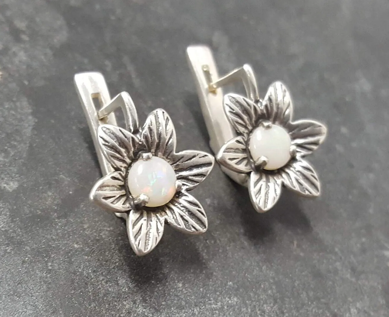 Genuine Opal Earrings - White Flower Earrings - Vintage Drop Earrings