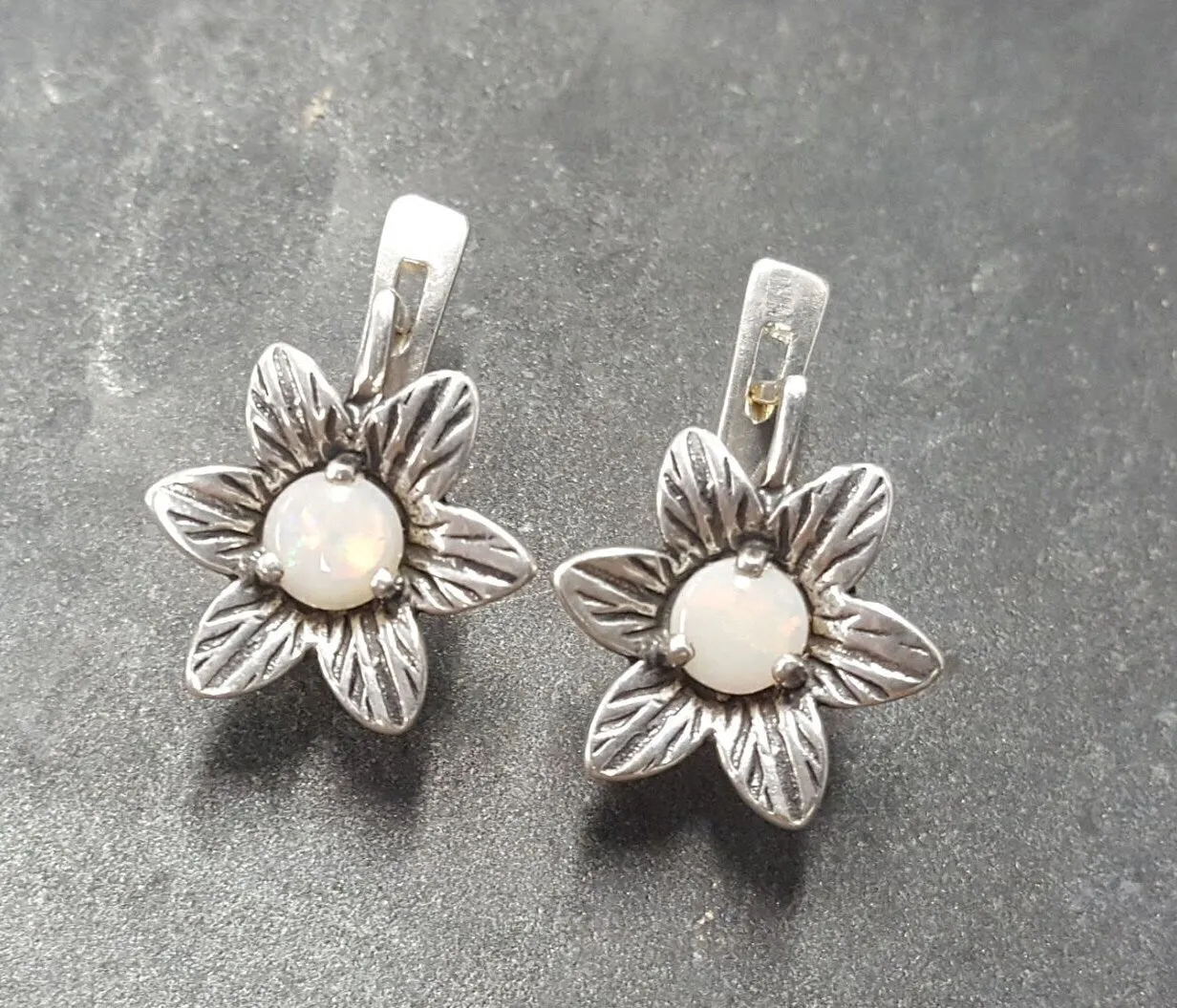 Genuine Opal Earrings - White Flower Earrings - Vintage Drop Earrings