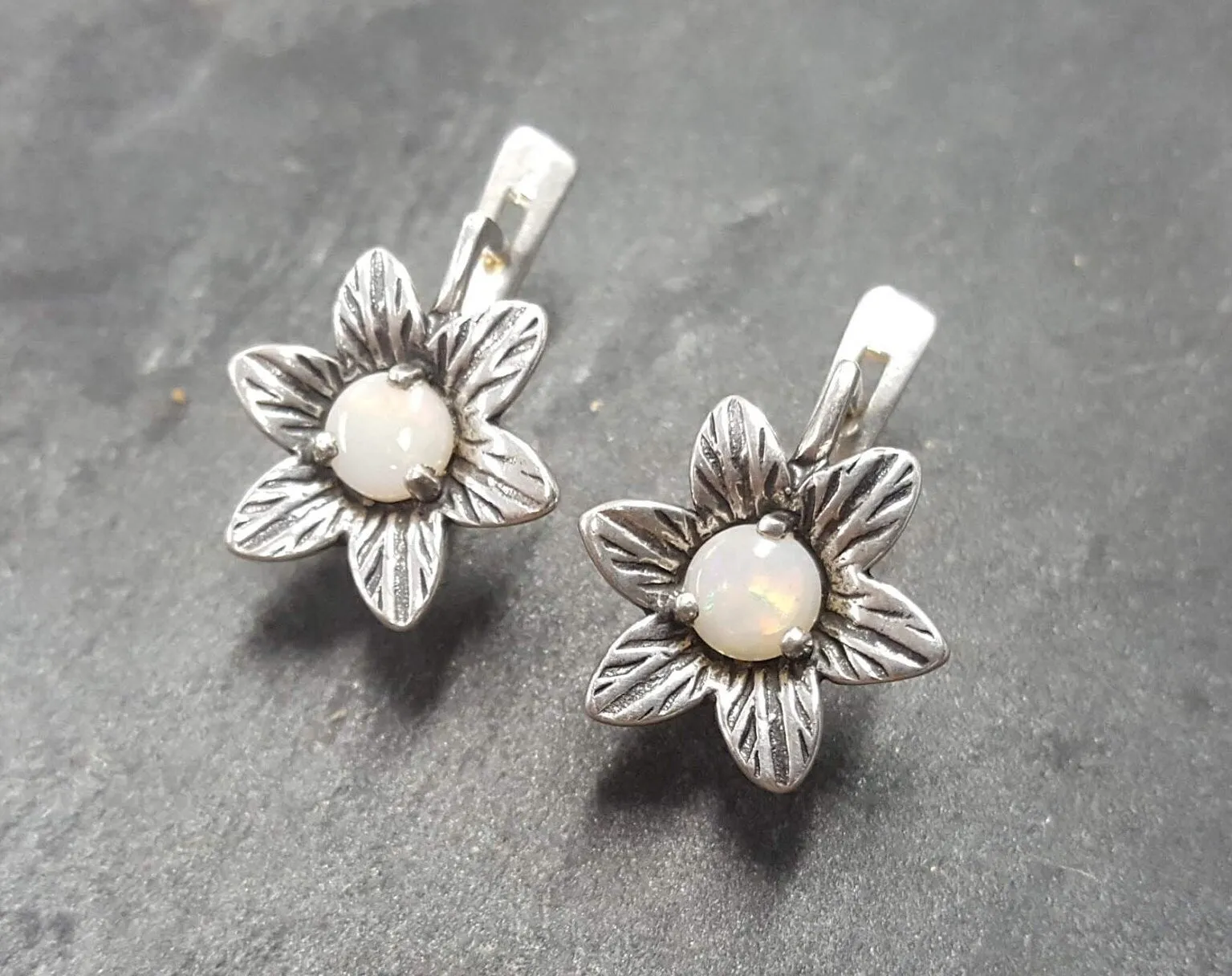 Genuine Opal Earrings - White Flower Earrings - Vintage Drop Earrings