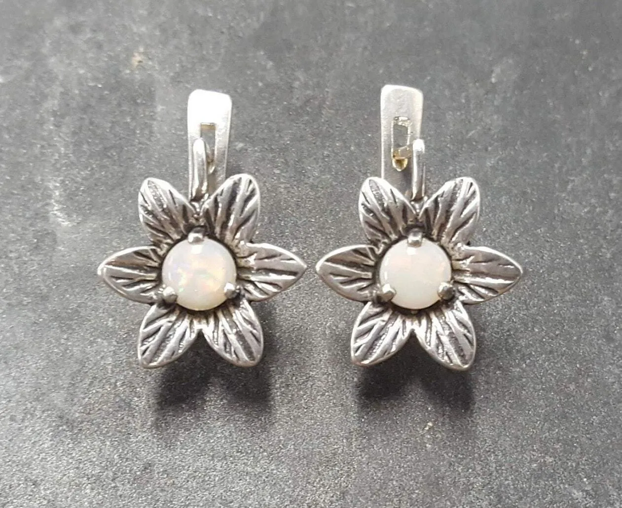 Genuine Opal Earrings - White Flower Earrings - Vintage Drop Earrings