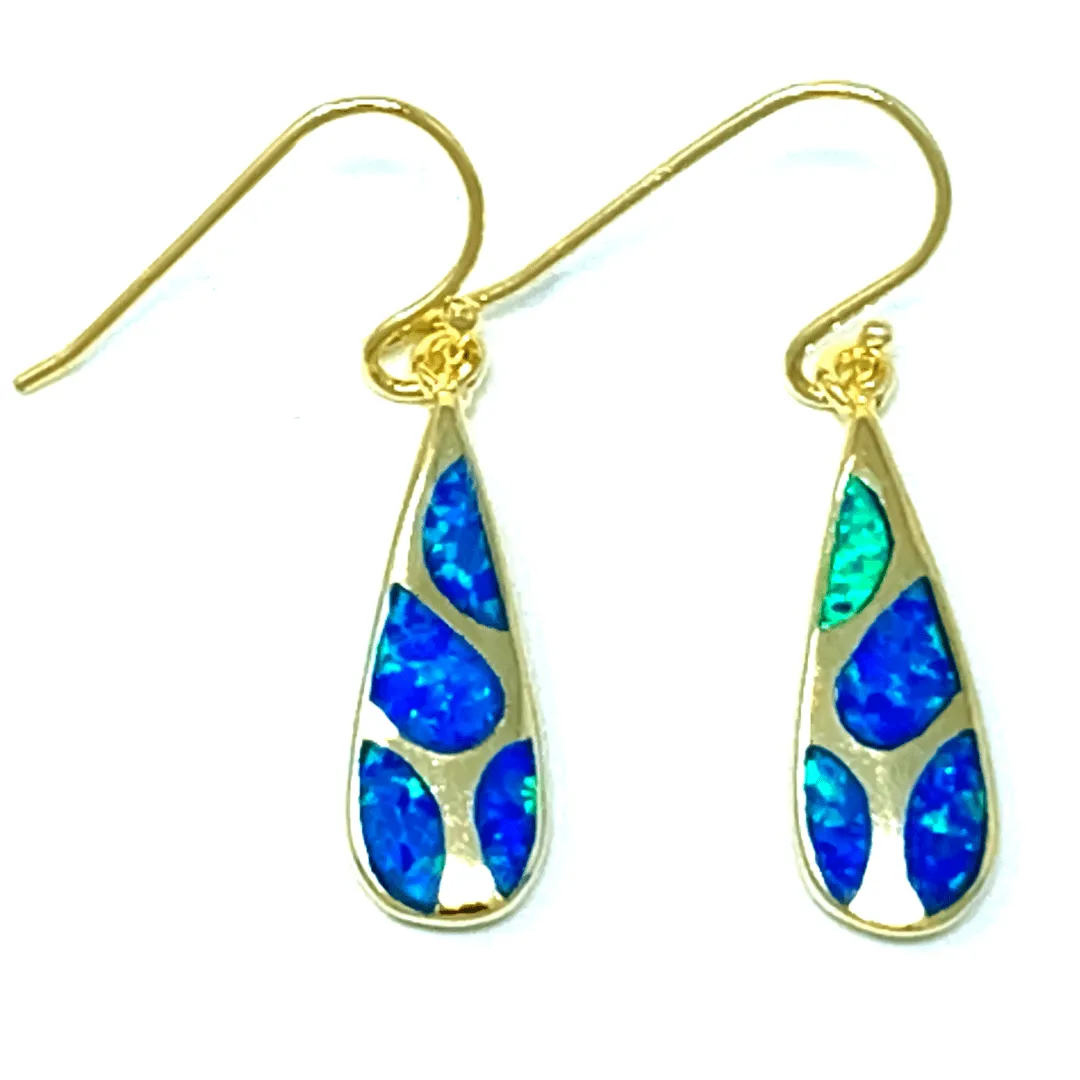 Gold Mosaic Teardrop Blue Opal Dangle Earrings