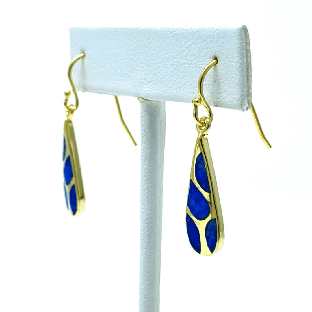 Gold Mosaic Teardrop Blue Opal Dangle Earrings