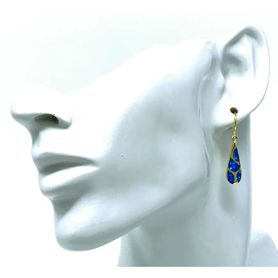 Gold Mosaic Teardrop Blue Opal Dangle Earrings