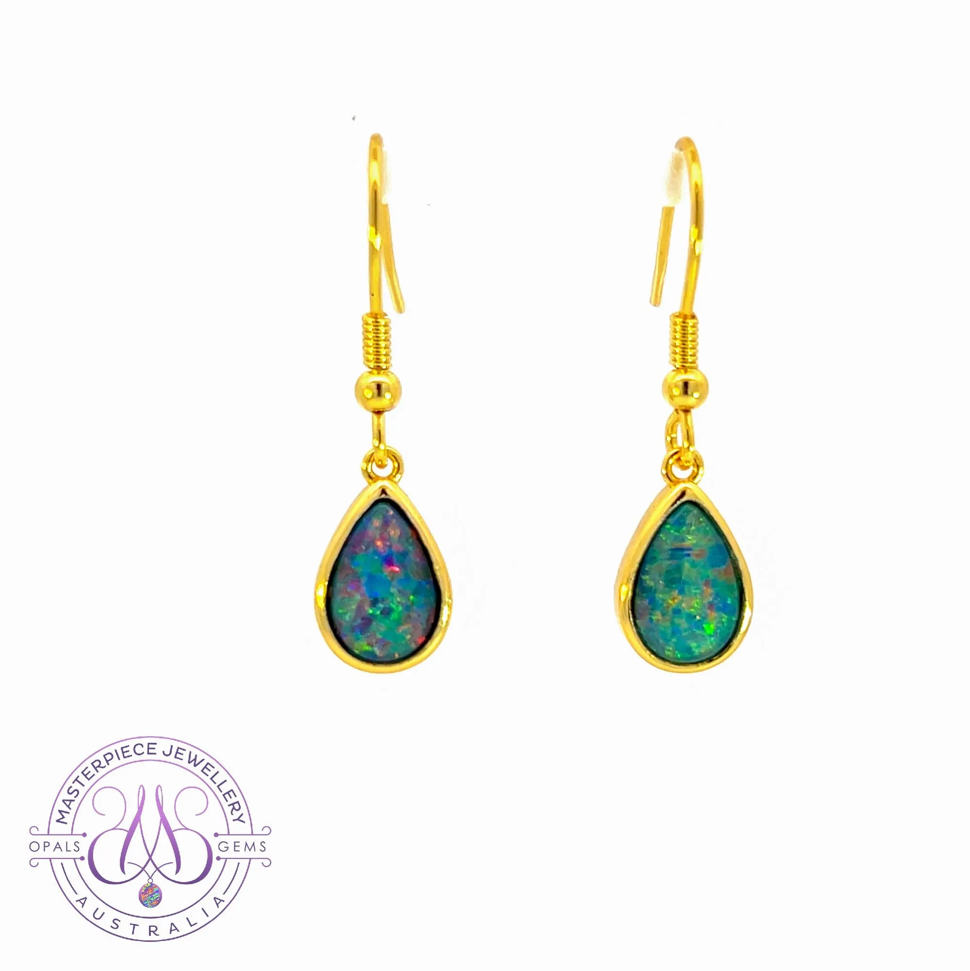 Gold Plated Silver dangling pearshape 9x7mm Opal triplet earrings dangling