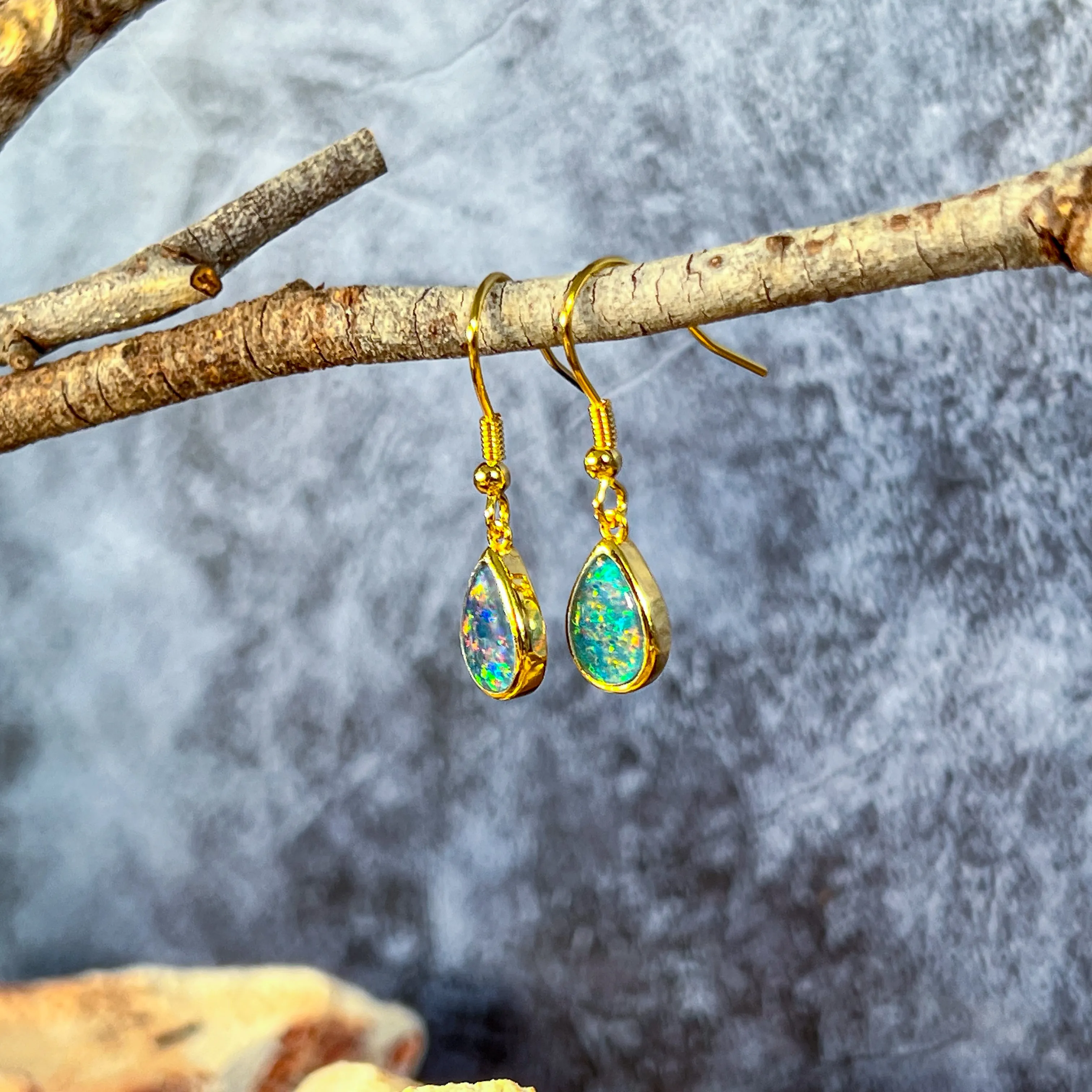 Gold Plated Silver dangling pearshape 9x7mm Opal triplet earrings dangling