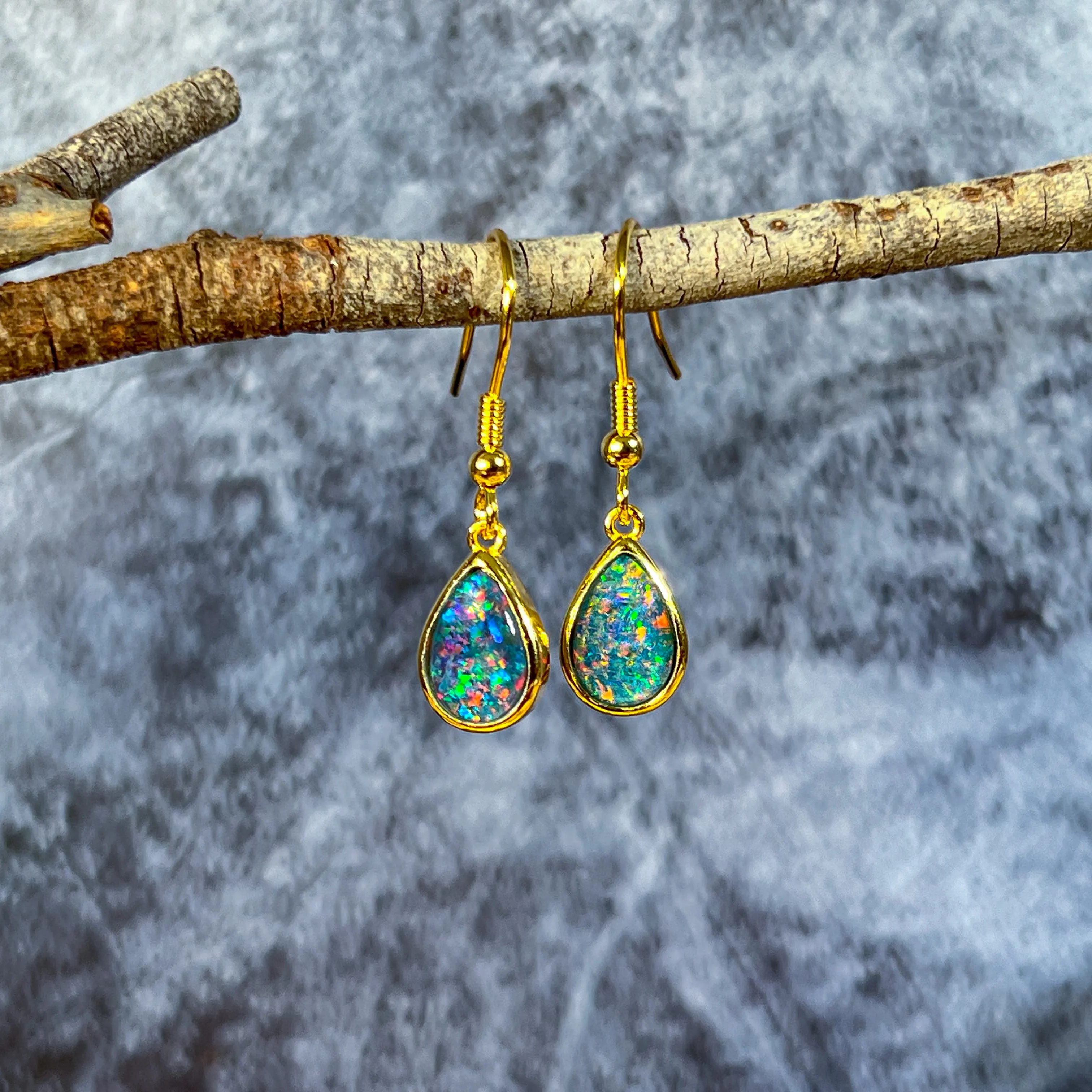 Gold Plated Silver dangling pearshape 9x7mm Opal triplet earrings dangling