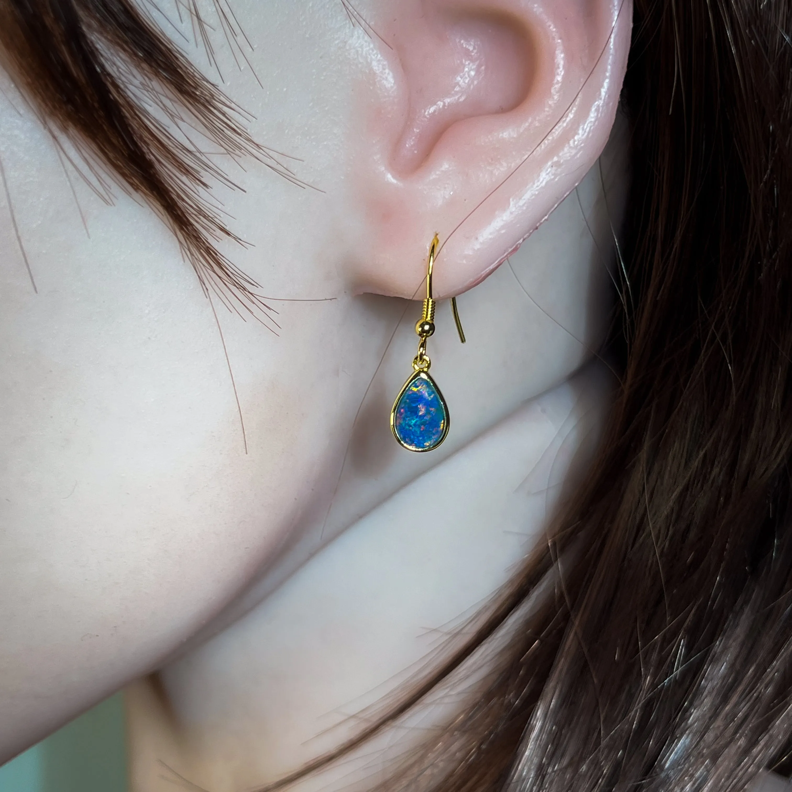 Gold Plated Silver dangling pearshape 9x7mm Opal triplet earrings dangling