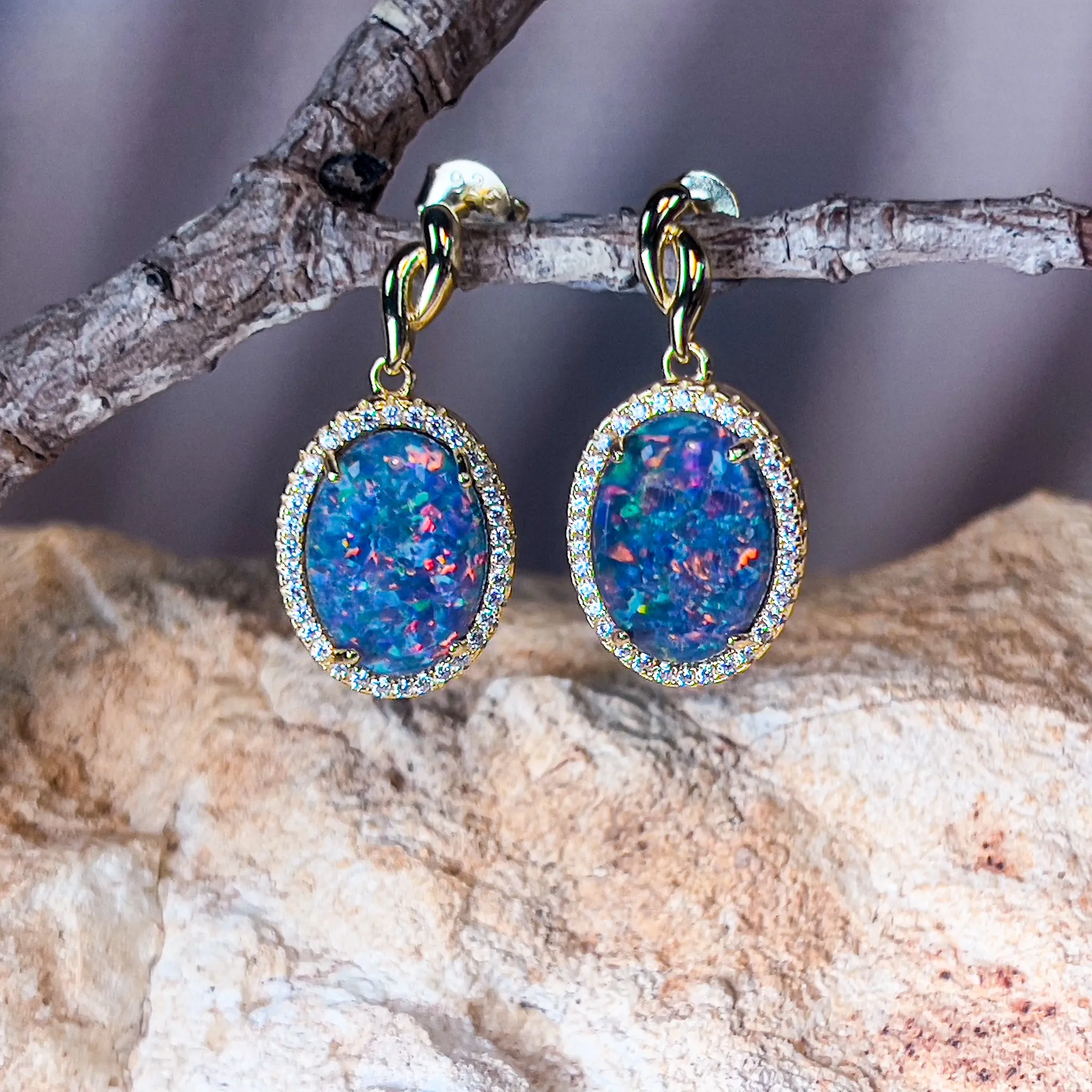 Gold Plated Sterling Silver 14x10mm Opal triplet dangling Halo earrings