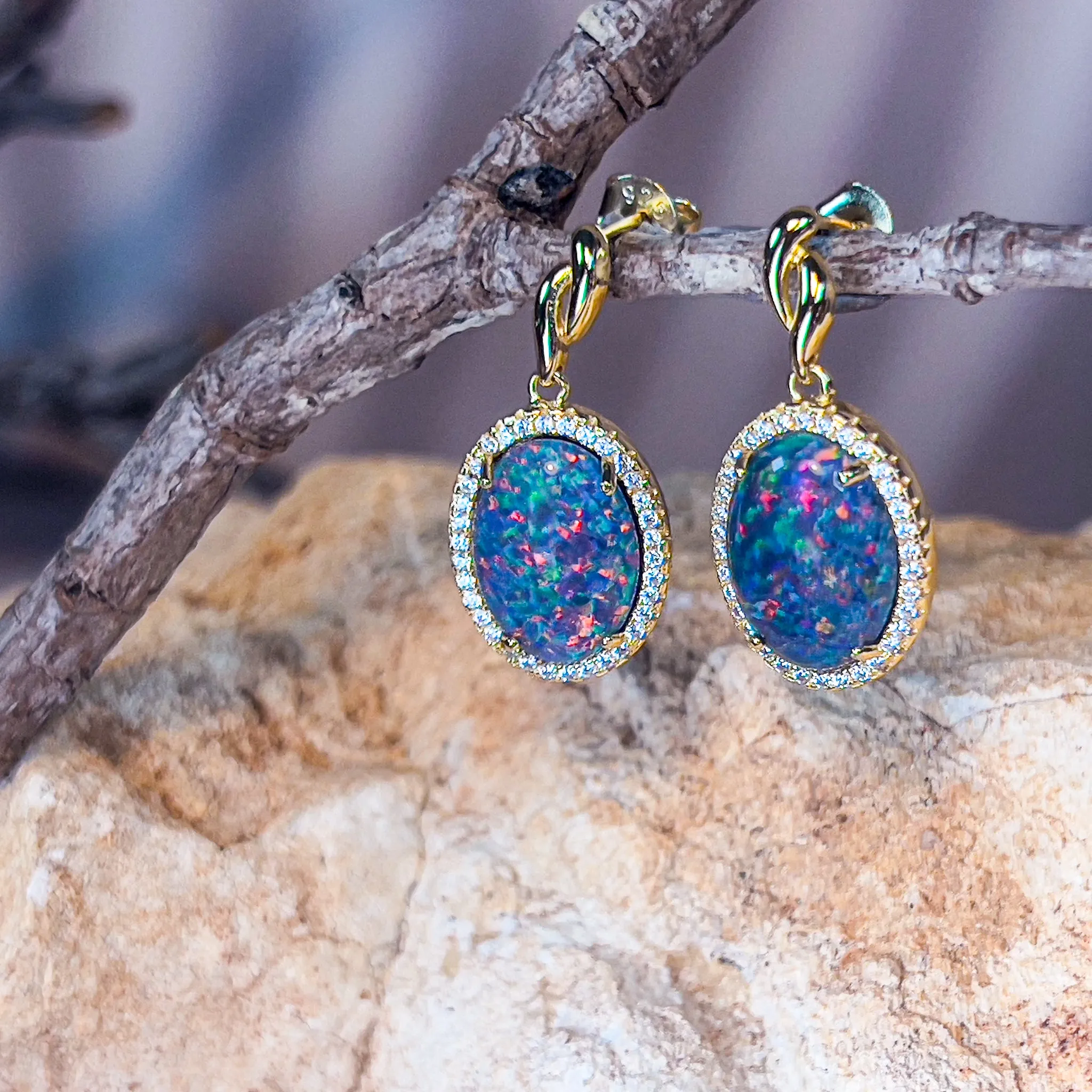 Gold Plated Sterling Silver 14x10mm Opal triplet dangling Halo earrings